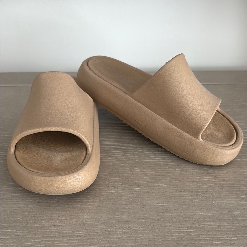 J Slides Tan Slippers with Platform Sole
